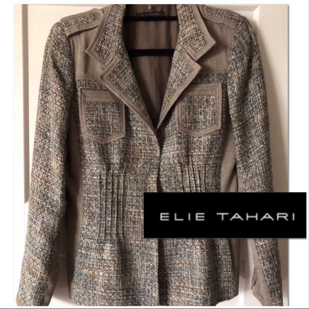 ELIE TAHARI BEIGE TWEED MILITARY BLAZER SIZE 6